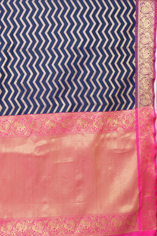 Navy Blue Silk Blend Woven Zari Design Striped Saree with Unstitched Blouse - Hiral Fashion
