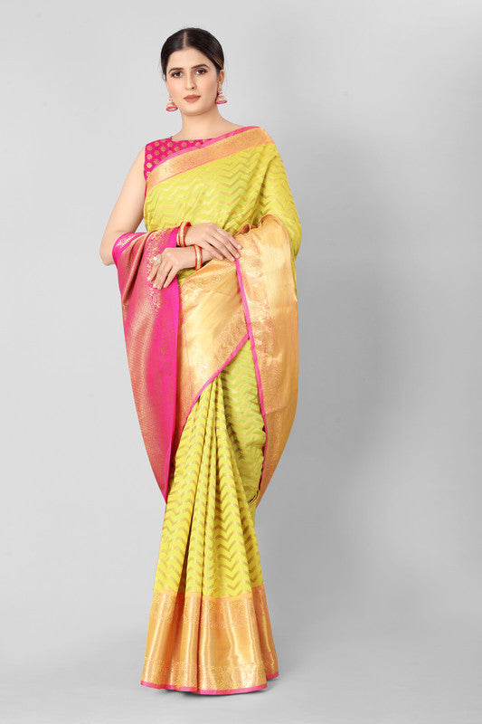 Yellow Silk Blend Woven Zari Design Striped Saree with Unstitched Blouse - Hiral Fashion