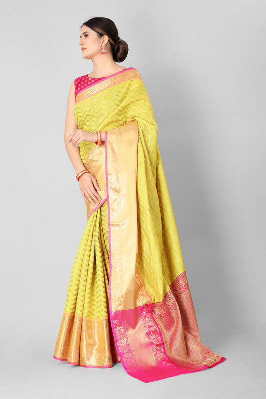 Yellow Silk Blend Woven Zari Design Striped Saree with Unstitched Blouse - Hiral Fashion