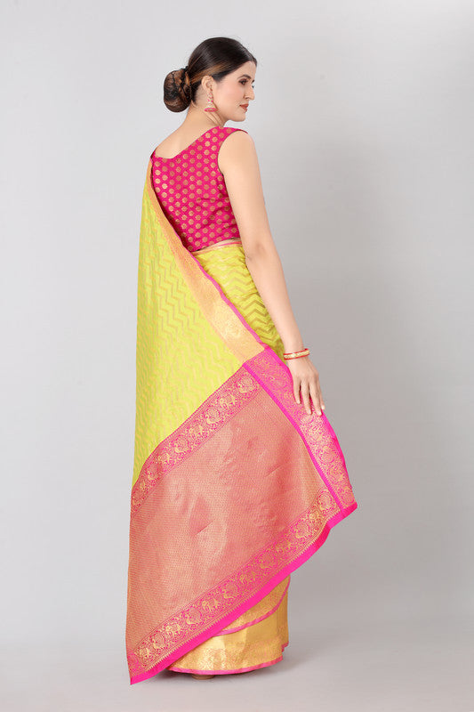 Yellow Silk Blend Woven Zari Design Striped Saree with Unstitched Blouse - Hiral Fashion