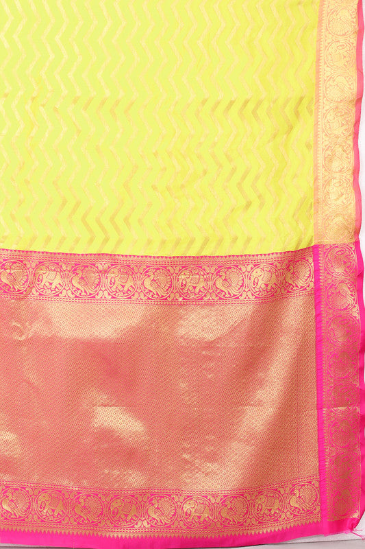 Yellow Silk Blend Woven Zari Design Striped Saree with Unstitched Blouse - Hiral Fashion