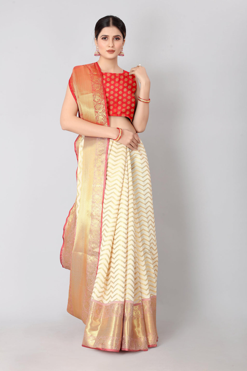 White Silk Blend Woven Zari Design Striped Saree with Unstitched Blouse - Hiral Fashion