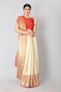 White Silk Blend Woven Zari Design Striped Saree with Unstitched Blouse - Hiral Fashion