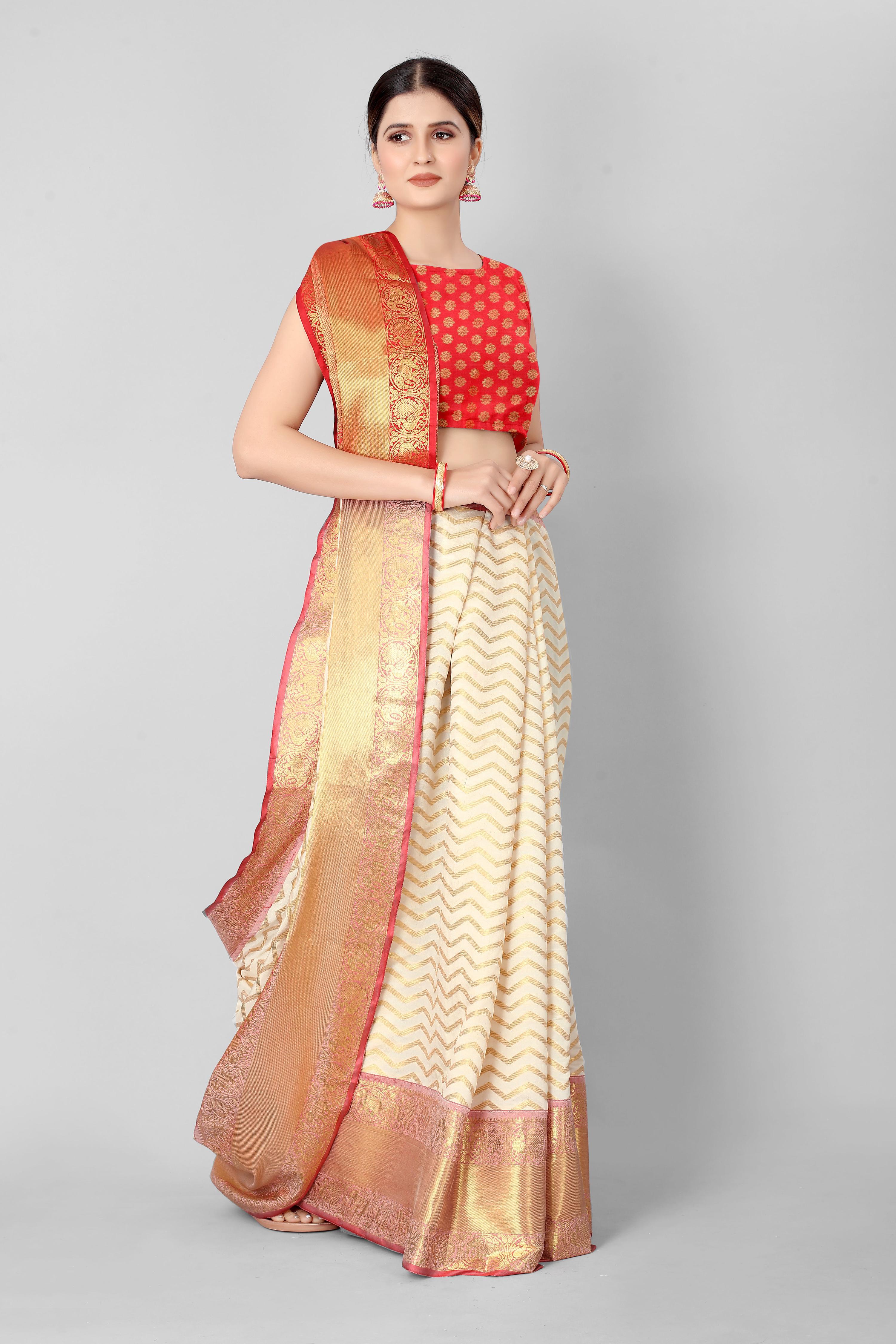 White Silk Blend Woven Zari Design Striped Saree with Unstitched Blouse - Hiral Fashion