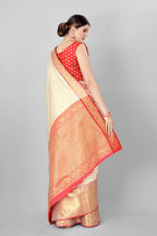 White Silk Blend Woven Zari Design Striped Saree with Unstitched Blouse - Hiral Fashion