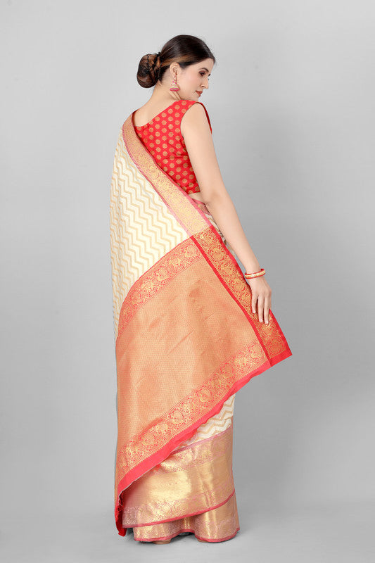 White Silk Blend Woven Zari Design Striped Saree with Unstitched Blouse - Hiral Fashion