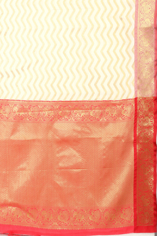 White Silk Blend Woven Zari Design Striped Saree with Unstitched Blouse - Hiral Fashion