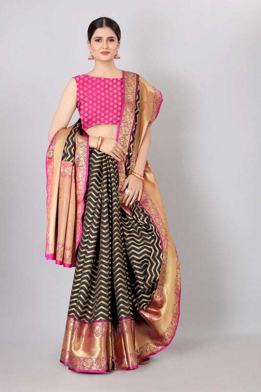 Black Silk Blend Woven Zari Design Striped Saree with Unstitched Blouse - Hiral Fashion