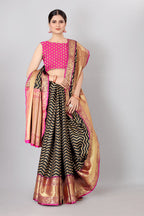 Black Silk Blend Woven Zari Design Striped Saree with Unstitched Blouse - Hiral Fashion