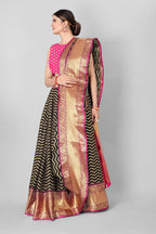 Black Silk Blend Woven Zari Design Striped Saree with Unstitched Blouse - Hiral Fashion