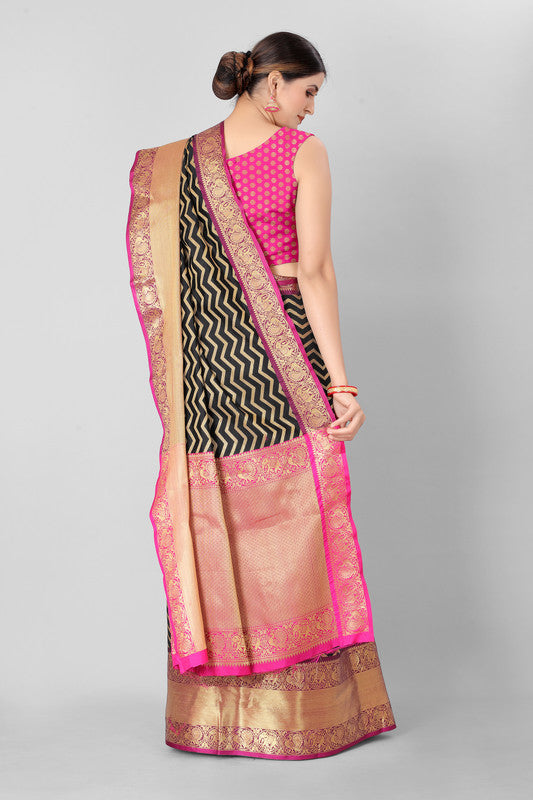Black Silk Blend Woven Zari Design Striped Saree with Unstitched Blouse - Hiral Fashion