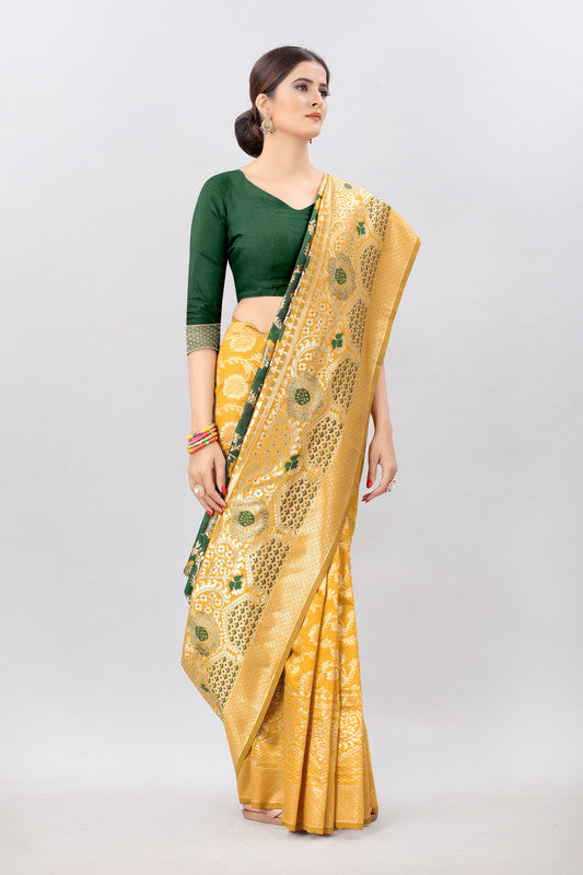 Mustard Pure Silk Embellished Floral Saree with Unstitched Blouse - Hiral Fashion