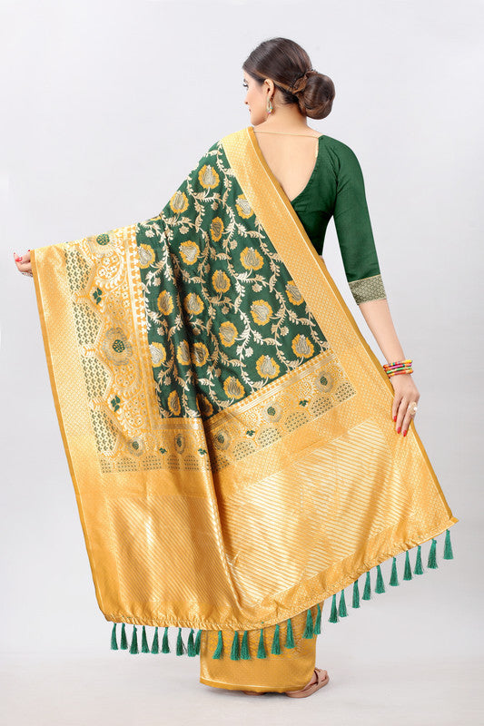 Mustard Pure Silk Embellished Floral Saree with Unstitched Blouse - Hiral Fashion