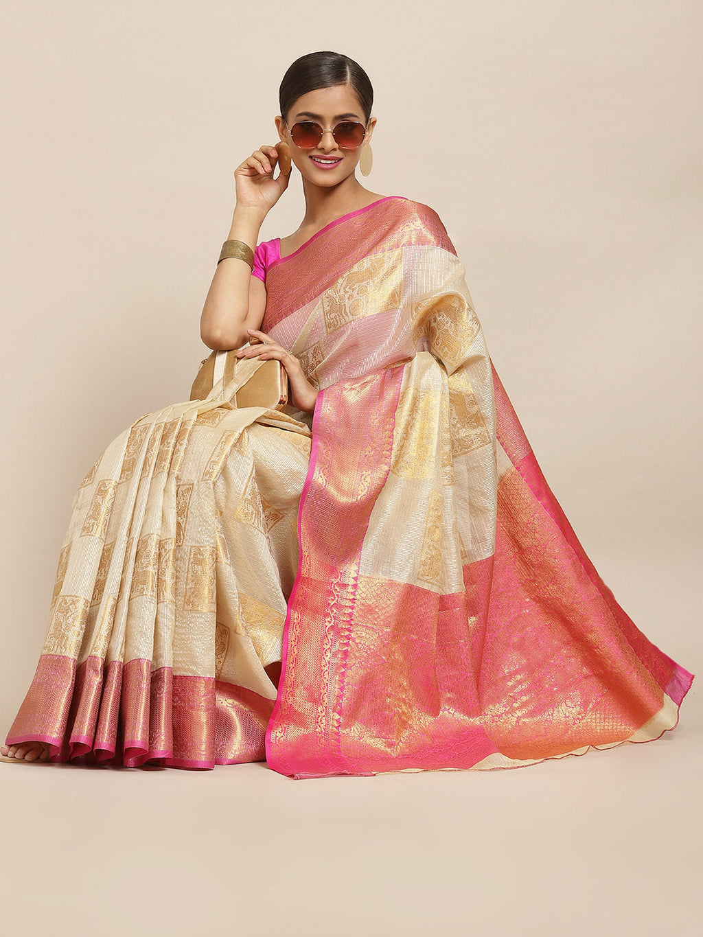 Beige Jute Silk Woven Zari Design Geomatric Saree with Unstitched Blouse - Hiral Fashion