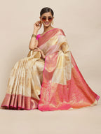 Beige Jute Silk Woven Zari Design Geomatric Saree with Unstitched Blouse - Hiral Fashion