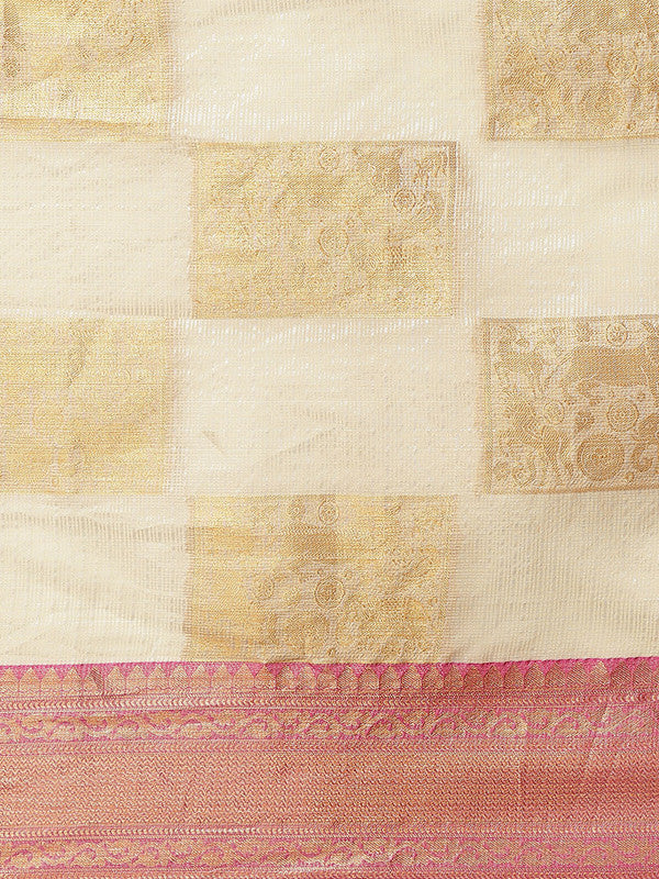 Beige Jute Silk Woven Zari Design Geomatric Saree with Unstitched Blouse - Hiral Fashion