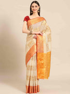 Beige Jute Silk Embellished Geomatric Saree with Unstitched Blouse - Hiral Fashion