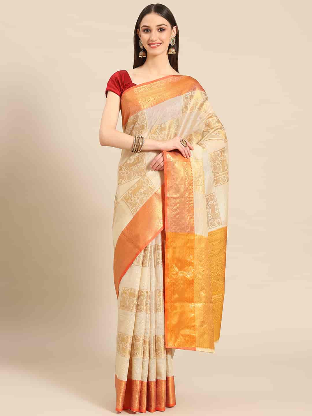 Beige Jute Silk Embellished Geomatric Saree with Unstitched Blouse - Hiral Fashion