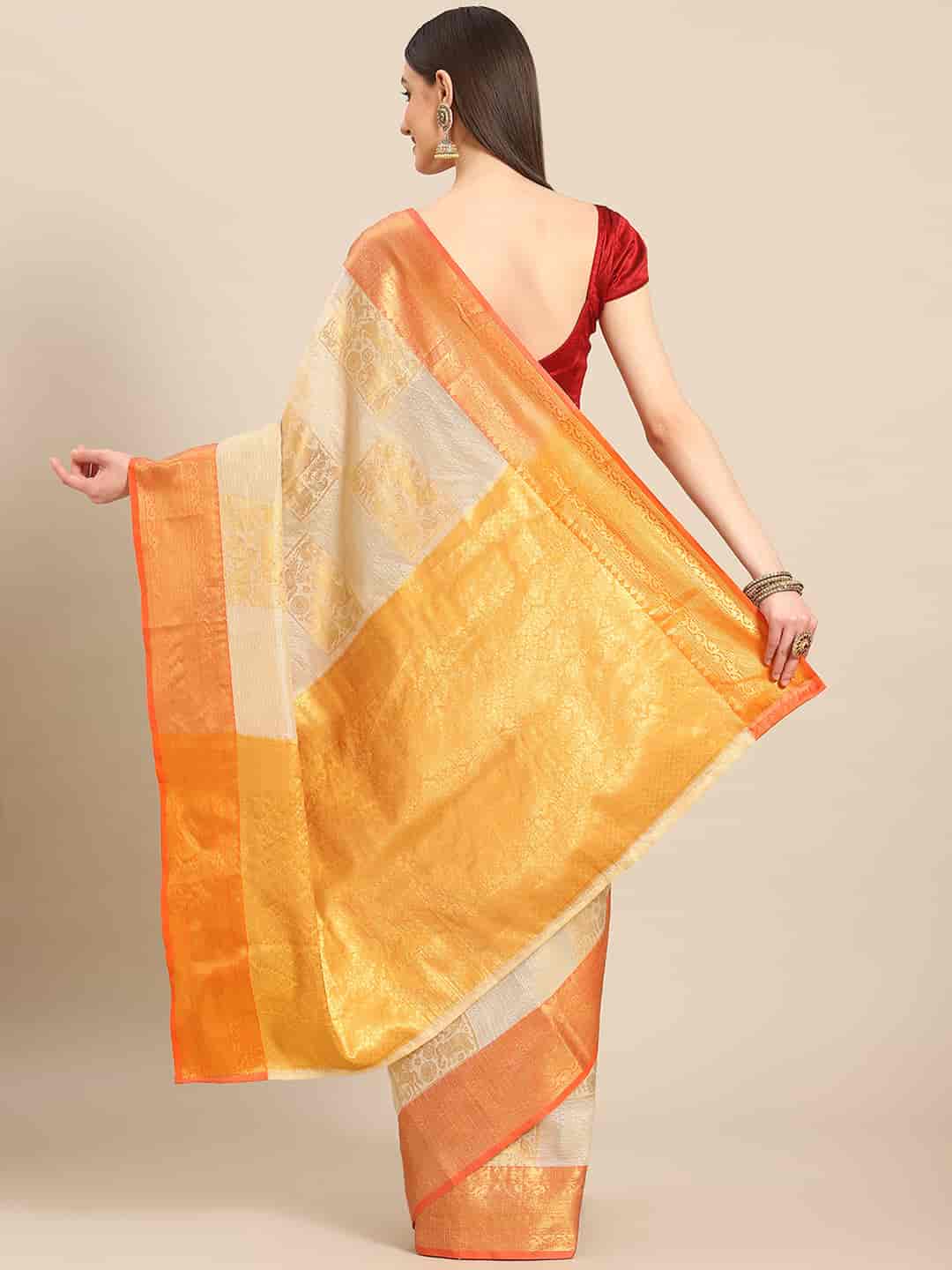 Beige Jute Silk Embellished Geomatric Saree with Unstitched Blouse - Hiral Fashion