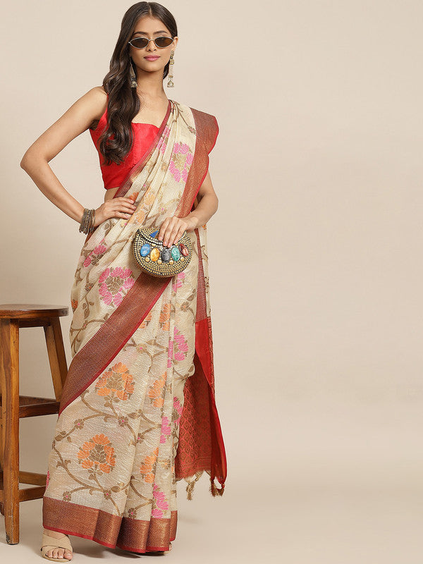 Beige Tusser Silk Woven Zari Design Floral Saree with Unstitched Blouse - Hiral Fashion