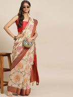 Beige Tusser Silk Woven Zari Design Floral Saree with Unstitched Blouse - Hiral Fashion