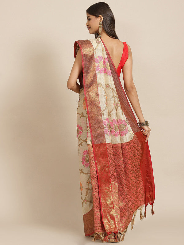Beige Tusser Silk Woven Zari Design Floral Saree with Unstitched Blouse - Hiral Fashion