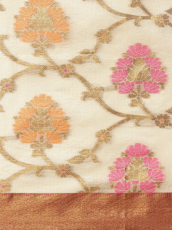 Beige Tusser Silk Woven Zari Design Floral Saree with Unstitched Blouse - Hiral Fashion