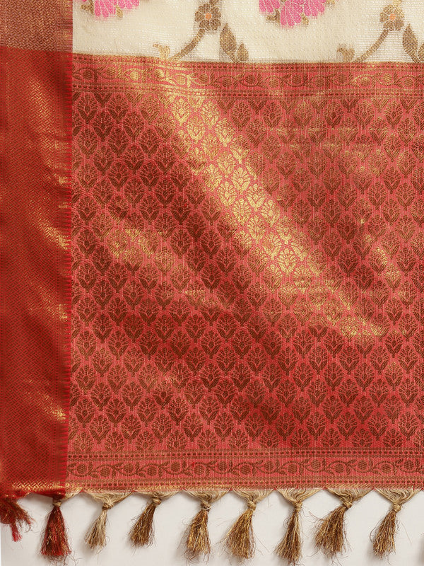Beige Tusser Silk Woven Zari Design Floral Saree with Unstitched Blouse - Hiral Fashion