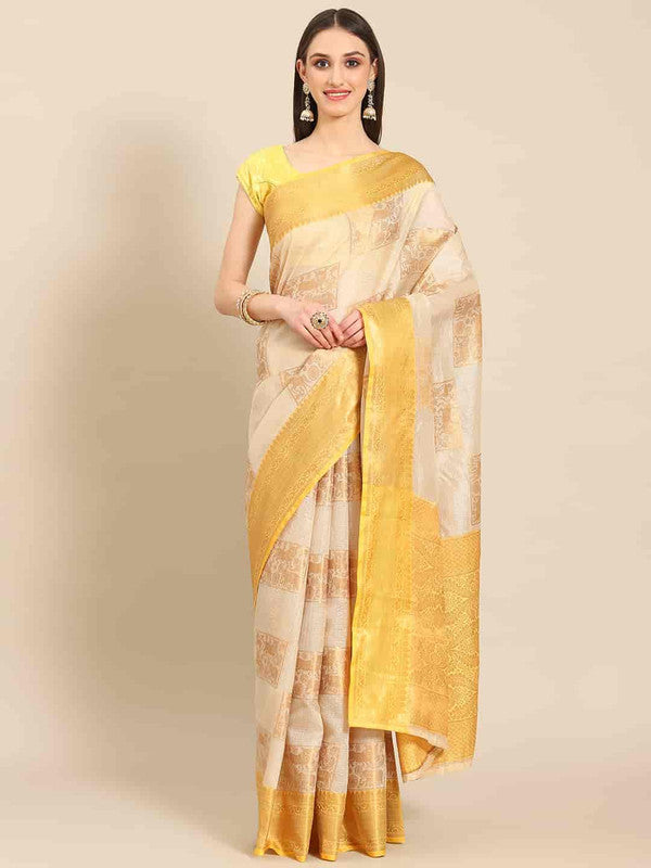 Beige Jute Silk Embellished Geomatric Saree with Unstitched Blouse - Hiral Fashion