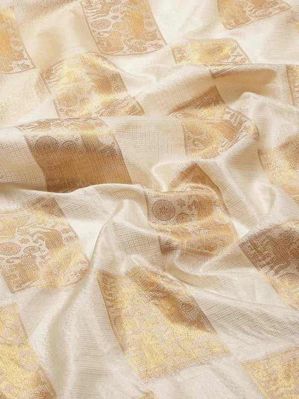Beige Jute Silk Embellished Geomatric Saree with Unstitched Blouse - Hiral Fashion