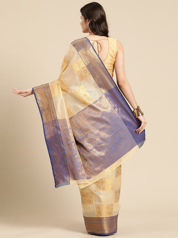 Beige Jute Silk Woven Zari Design Geomatric Saree with Unstitched Blouse - Hiral Fashion