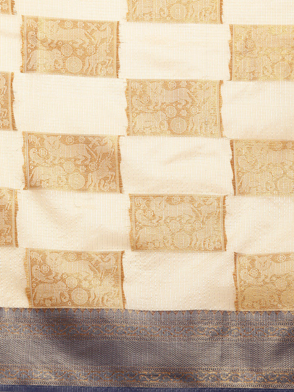 Beige Jute Silk Woven Zari Design Geomatric Saree with Unstitched Blouse - Hiral Fashion