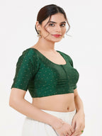 Joban Fashion Bottle-Green Taffeta Silk Elbow Sleeveless Front Open Blouse