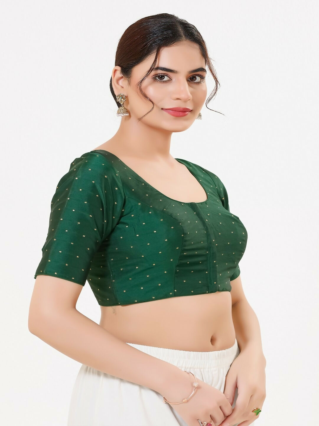 Joban Fashion Bottle-Green Taffeta Silk Elbow Sleeveless Front Open Blouse