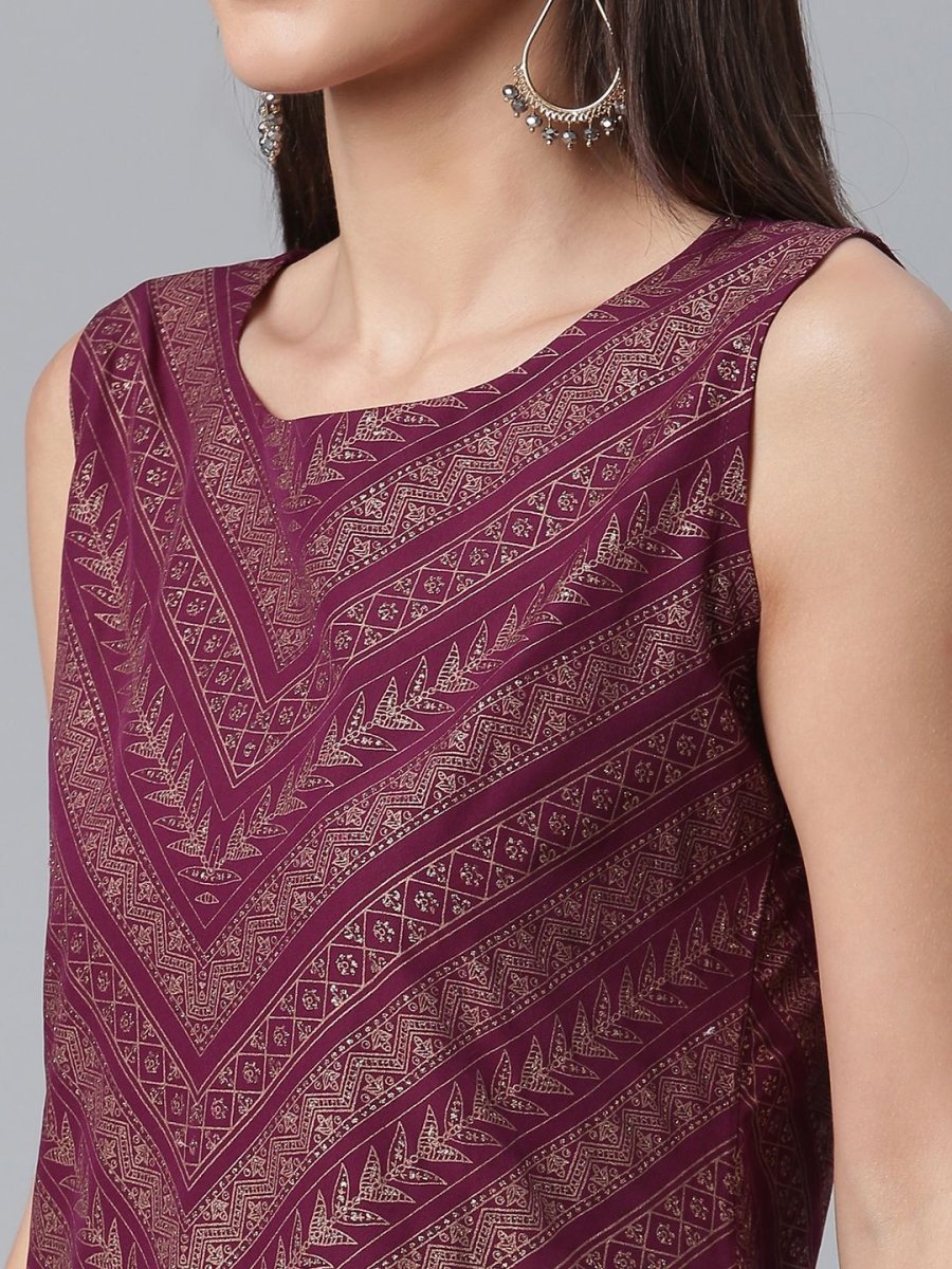 Ahalyaa Wine Crepe Glitter Print Kurta with Sharara and dupatta Set - Distacart