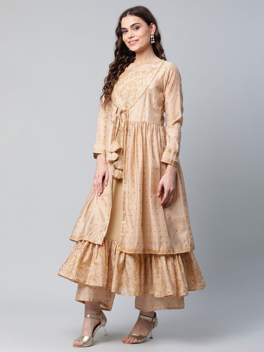 Ahalyaa Womens Beige Chanderi Kurta Palazzo Set with Dupatta - Distacart