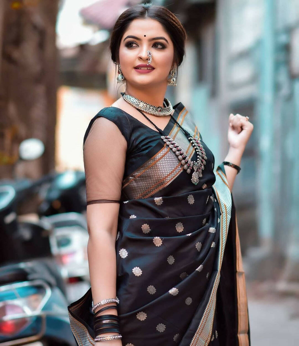 DEIANA'S Beautiful Designer Golden zari Soft Lichi Silk Saree - Black