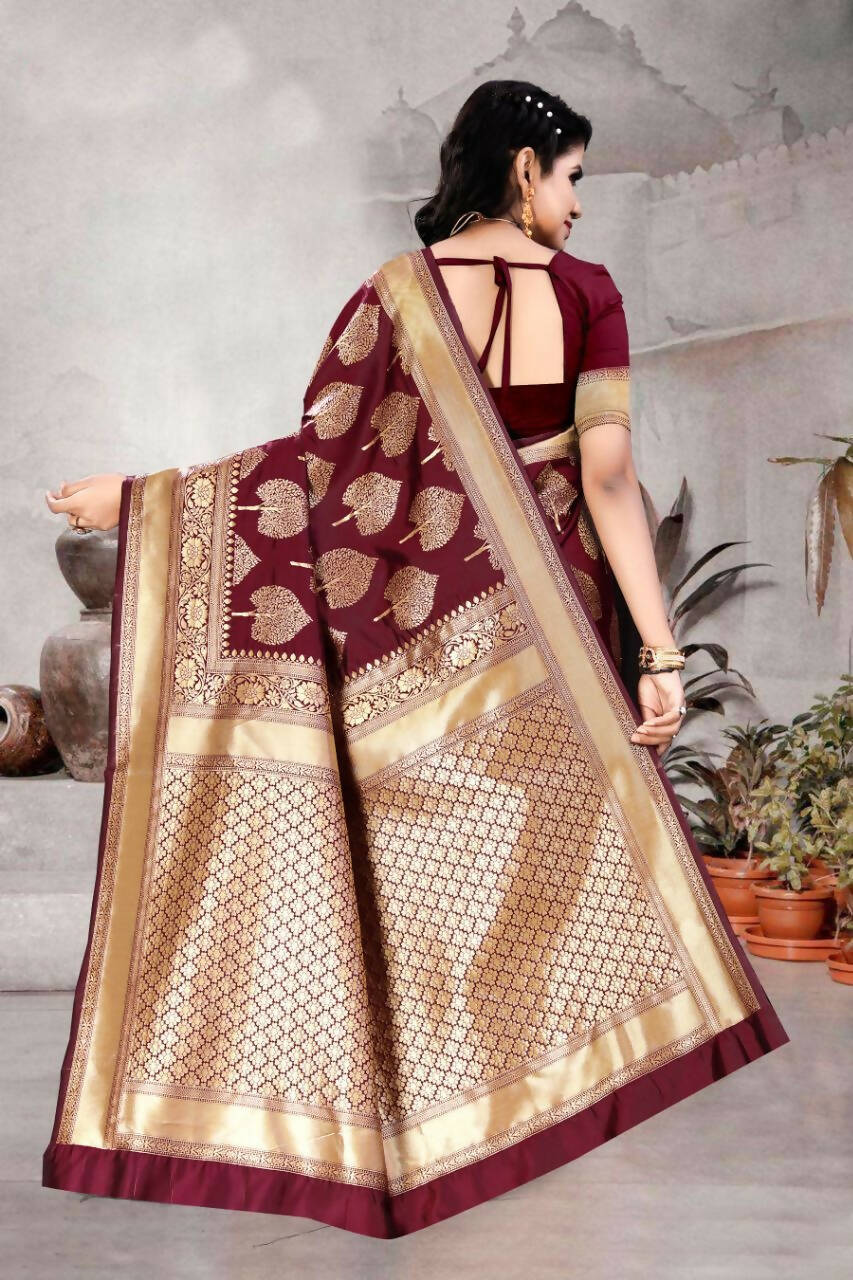 DEIANA'S Beautiful Designer Golden zari Soft Lichi Silk Saree - Maroon