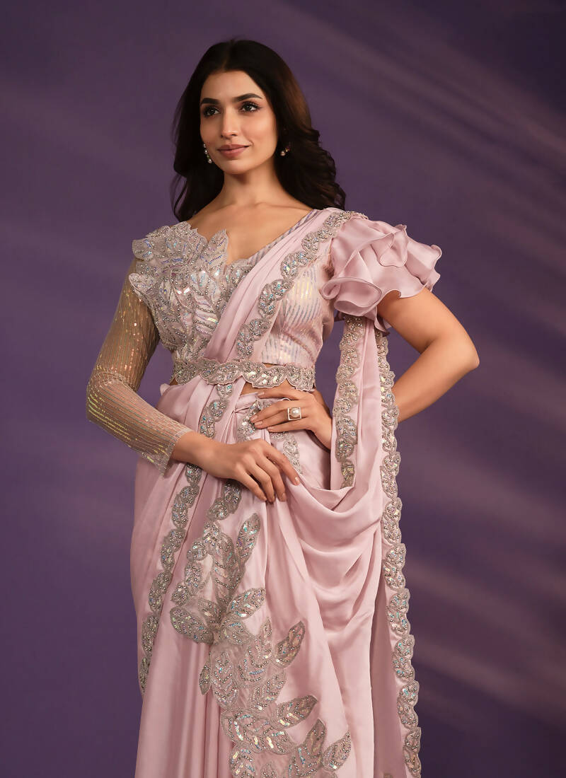 Pink Crepe Satin Silk Embroidered Saree With Stitched Blouse - Mohmanthan Exotica