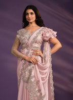 Pink Crepe Satin Silk Embroidered Saree With Stitched Blouse - Mohmanthan Exotica