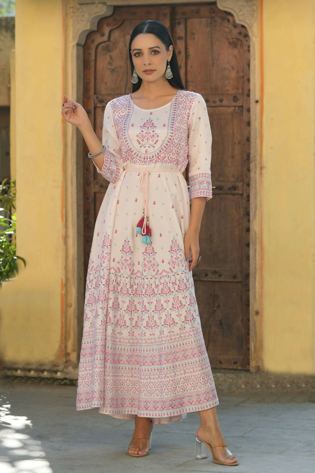 Juniper Women's Pink Viscose Shantoon Festive Printed Flared Dress - Distacart
