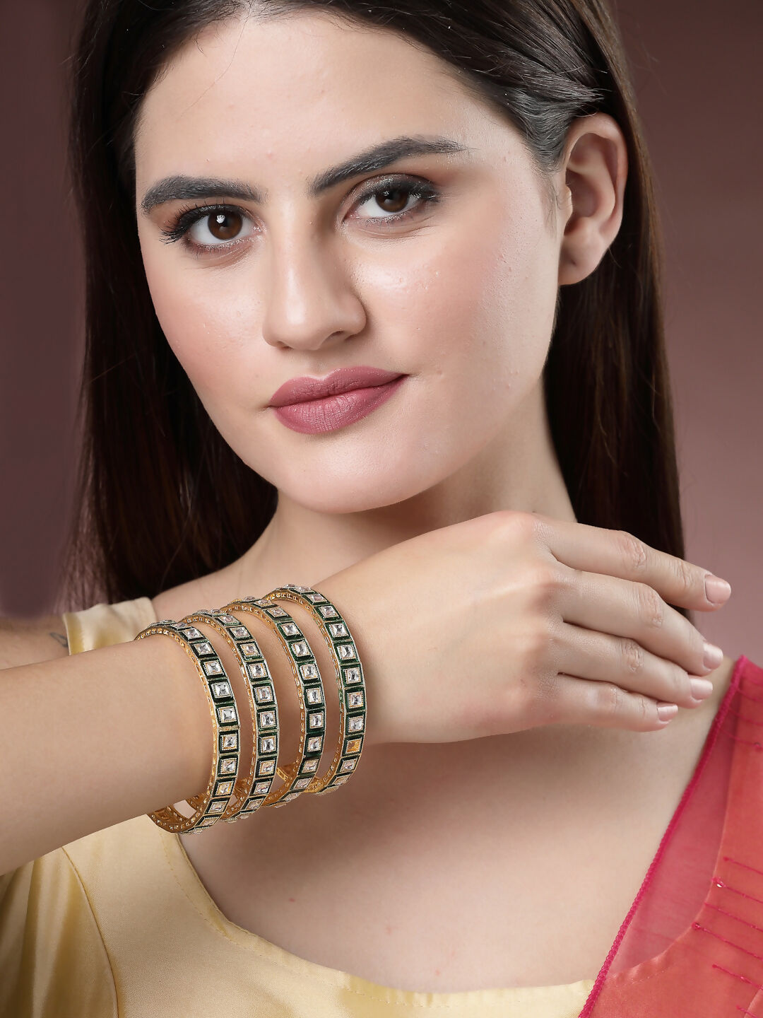 NVR Women's Set Of 4 Gold-Plated Green Kundan-Studded Traditional Bangles - Distacart