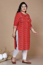 Miravan Women's Plus Size Festive Wear Red Bandhani Printed Straight Kurta