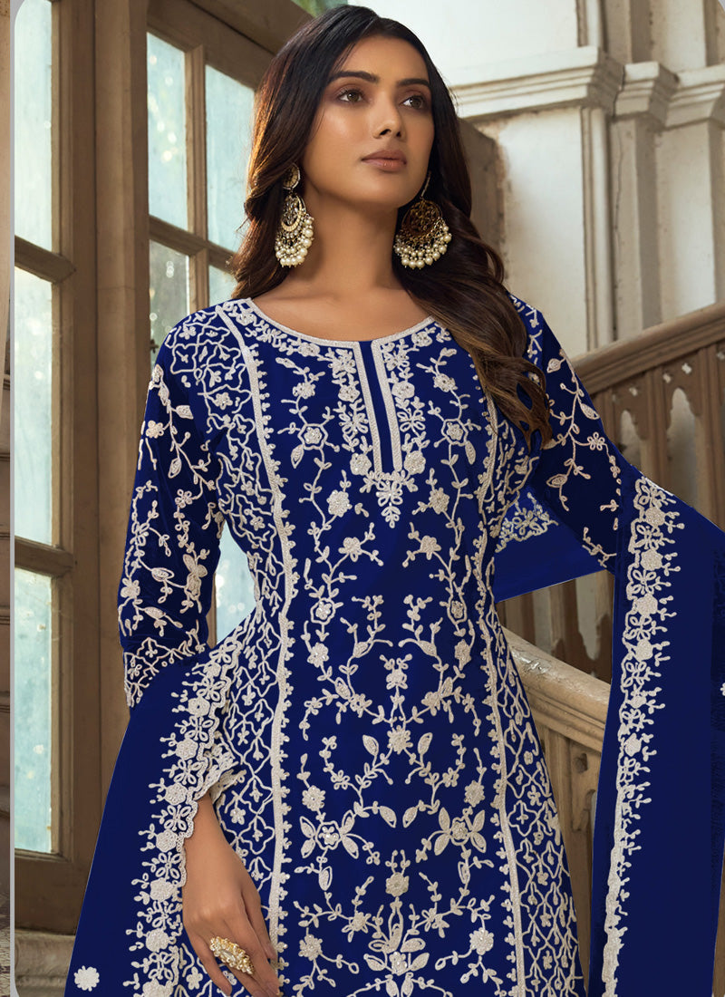 Vegaa Fashion Blue Premium Net Embroidered Traditional Palazzo Suit