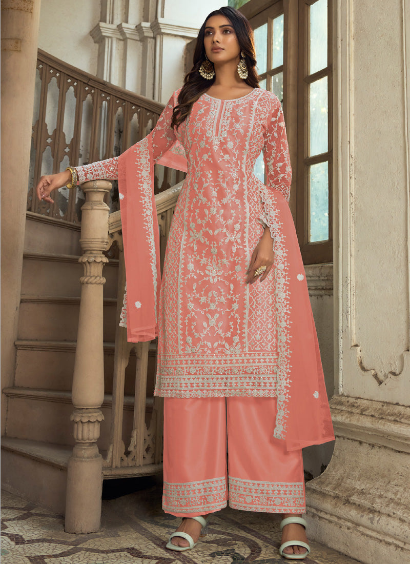Vegaa Fashion Light Orange Premium Net Embroidered Traditional Palazzo Suit