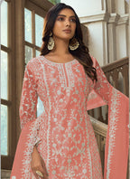 Vegaa Fashion Light Orange Premium Net Embroidered Traditional Palazzo Suit