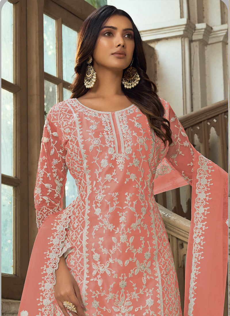 Vegaa Fashion Light Orange Premium Net Embroidered Traditional Palazzo Suit