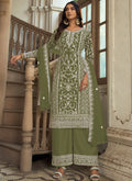 Vegaa Fashion Olive Premium Net Embroidered Traditional Palazzo Suit