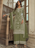 Vegaa Fashion Olive Premium Net Embroidered Traditional Palazzo Suit