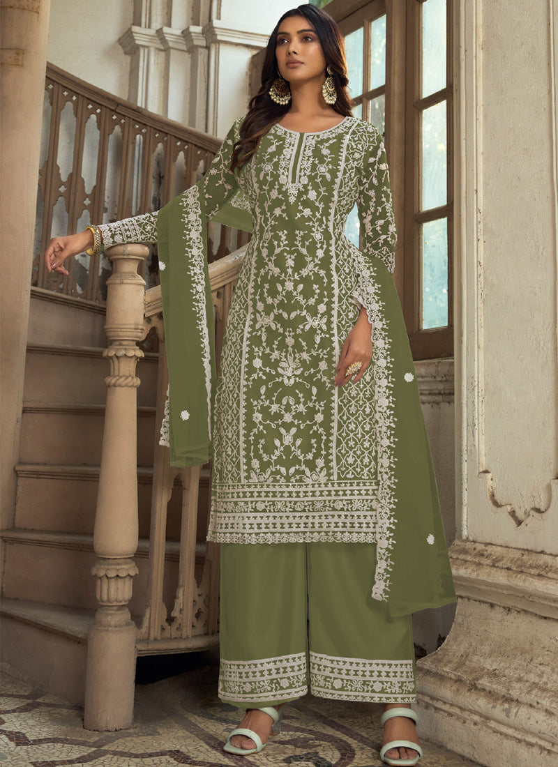 Vegaa Fashion Olive Premium Net Embroidered Traditional Palazzo Suit